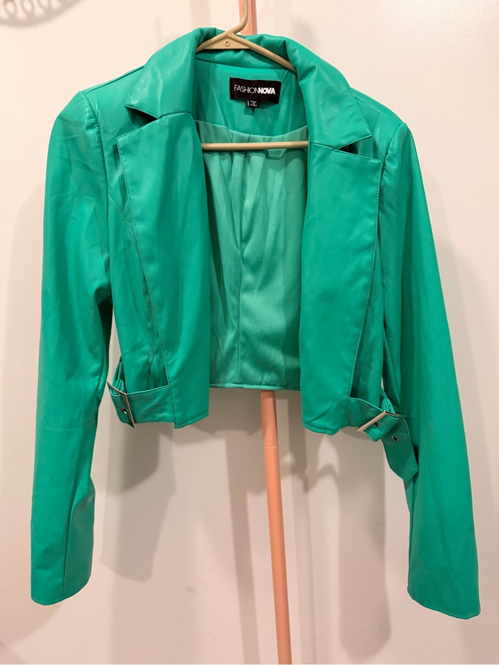 Fashion Nova Emerald Cropped Faux Leather Motorcycle Jacket